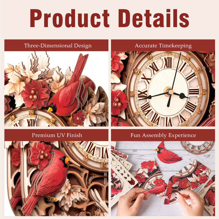 Cardinal– DIY Wooden Clock, 3D Puzzle Craft Kit