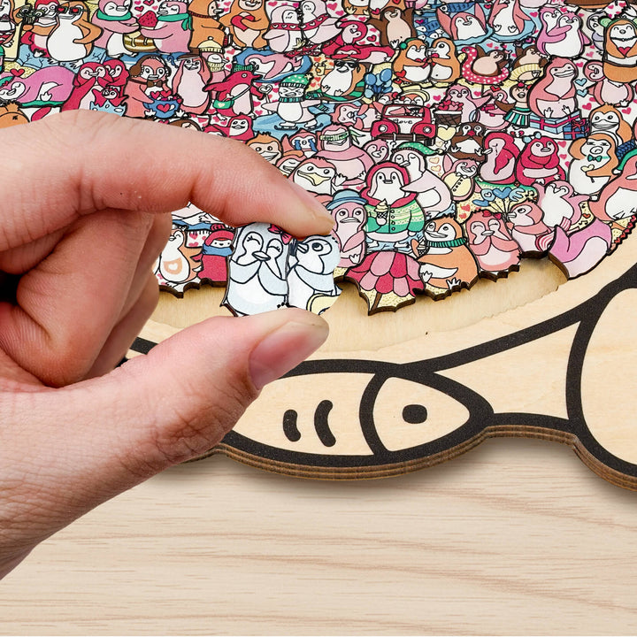 Cute Lover Penguin Shaped Wooden Jigsaw Puzzle