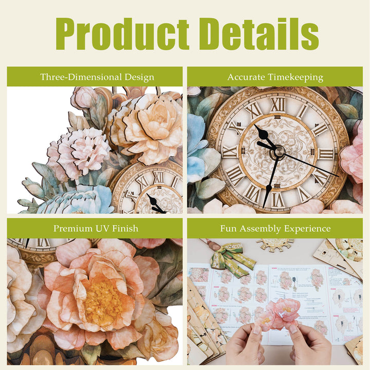 Bouquet– DIY Wooden Clock, 3D Puzzle Craft Kit