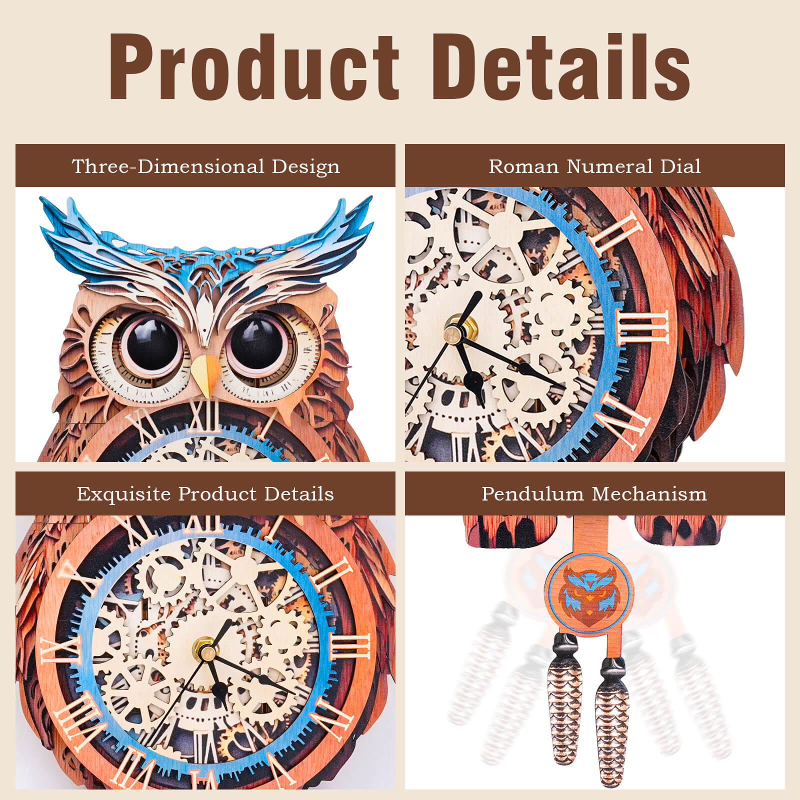 Product details of Owl DIY Wooden Clock featuring 3D design, Roman numeral dial, and pendulum mechanism.