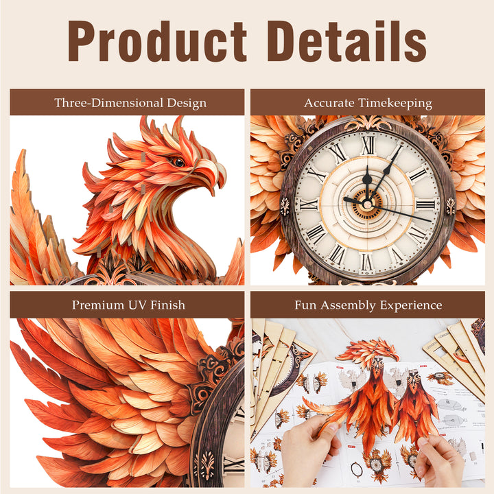 Fire Phoenix – DIY Wooden Clock, 3D Puzzle Craft Kit