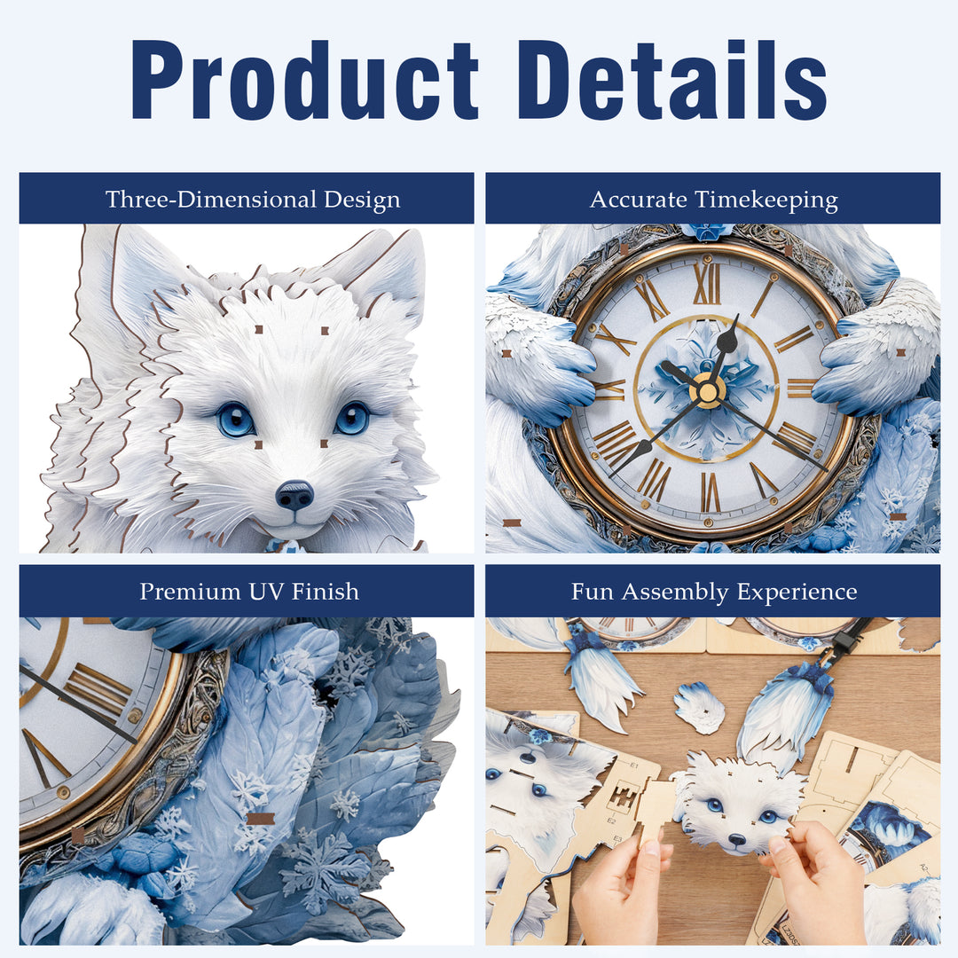 Arctic Fox– DIY Wooden Clock, 3D Puzzle Craft Kit