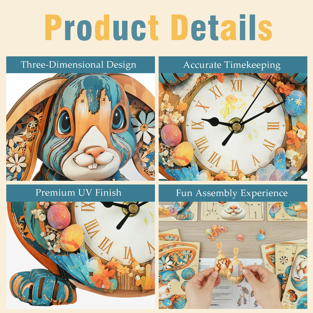Rabbit– DIY Wooden Clock, 3D Puzzle Craft Kit
