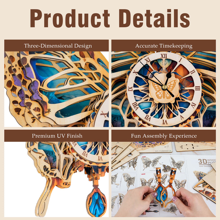 Butterfly – DIY Wooden Clock, 3D Puzzle Craft Kit