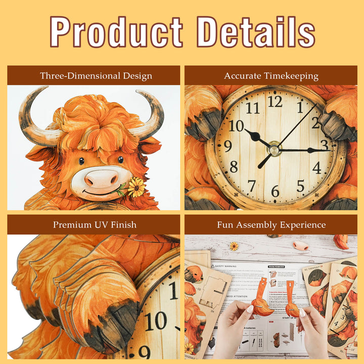Highland Cattle – DIY Wooden Clock, 3D Puzzle Craft Kit