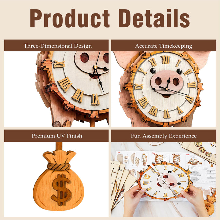 Pig – DIY Wooden Clock, 3D Puzzle Craft Kit