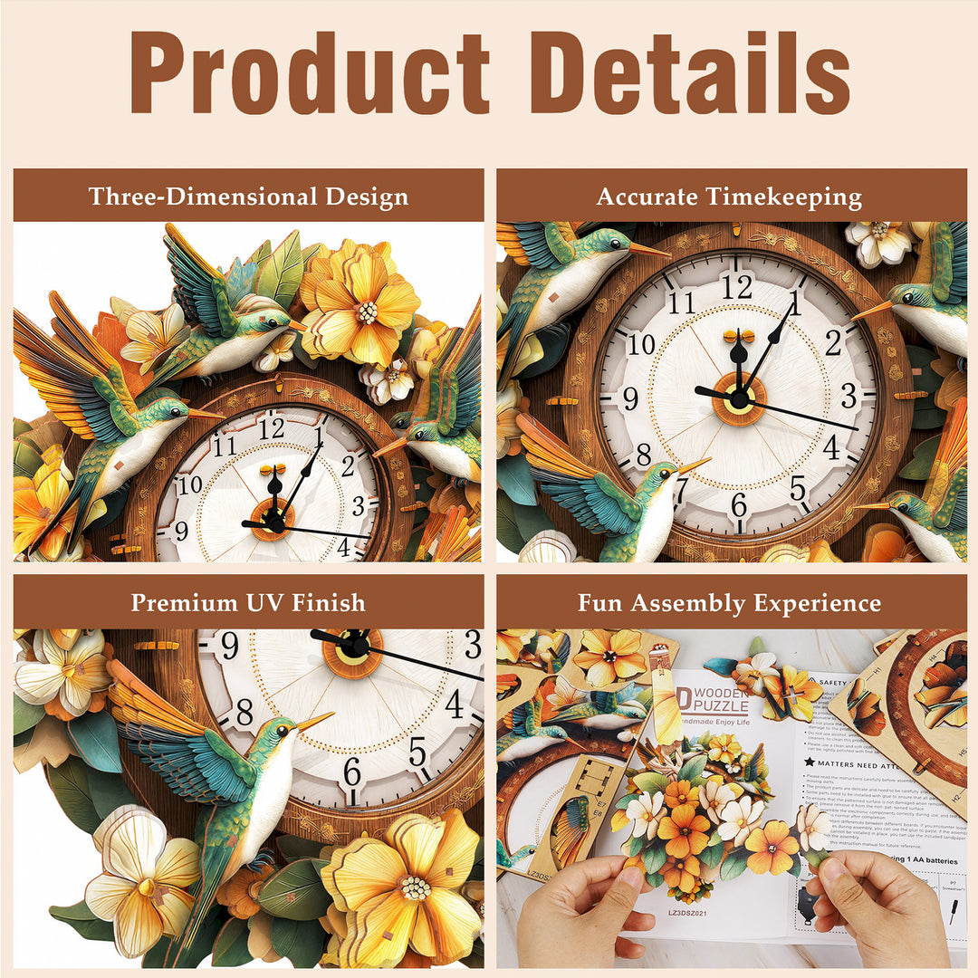 Hummingbird– DIY Wooden Clock, 3D Puzzle Craft Kit