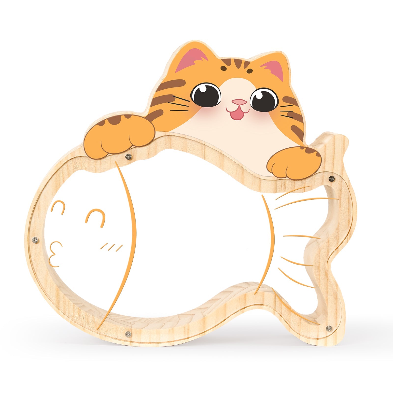 Customized kitten-shaped piggy bank featuring a playful cat design with a wooden fish framework.