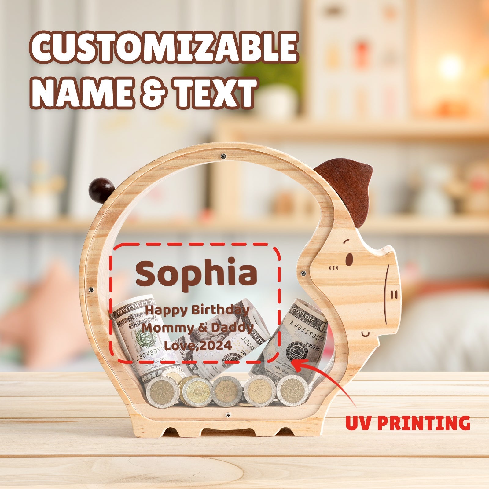 Customizable wooden piggy bank for kids with name and birthday wishes, showcasing UV printing and a clear design.