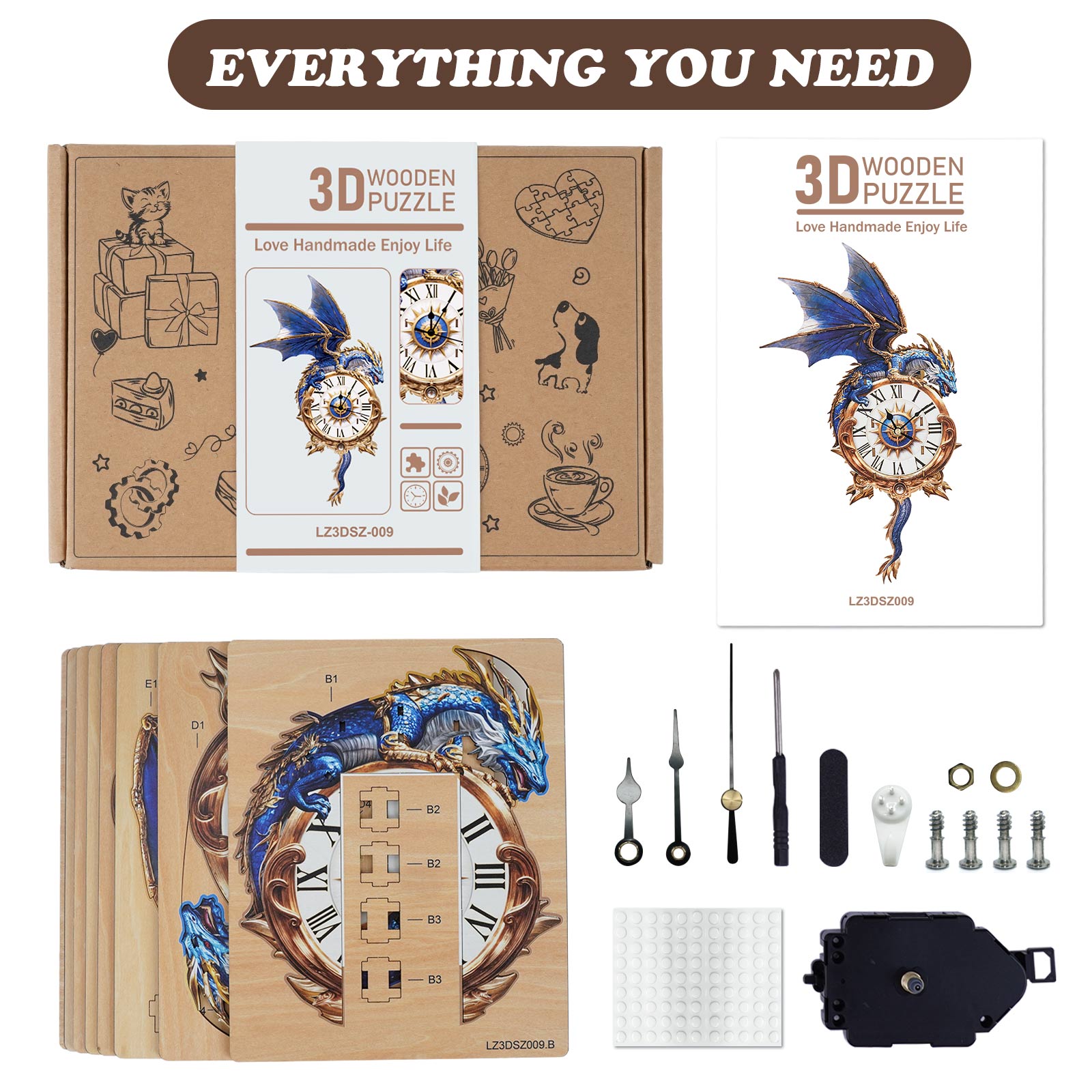 Blue Dragon – Horloge en bois à fabriquer soi-même, kit de puzzle 3D