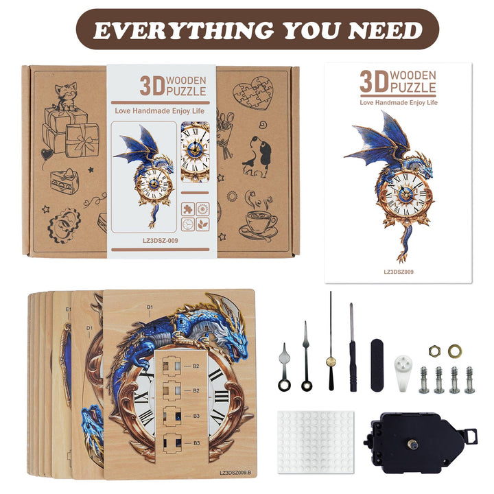 Blue Dragon – DIY Holz-Uhr, 3D Puzzle Bastelset