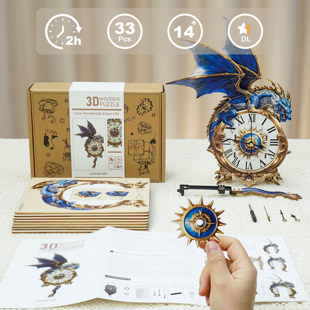 Blue Dragon – DIY Holz-Uhr, 3D Puzzle Bastelset