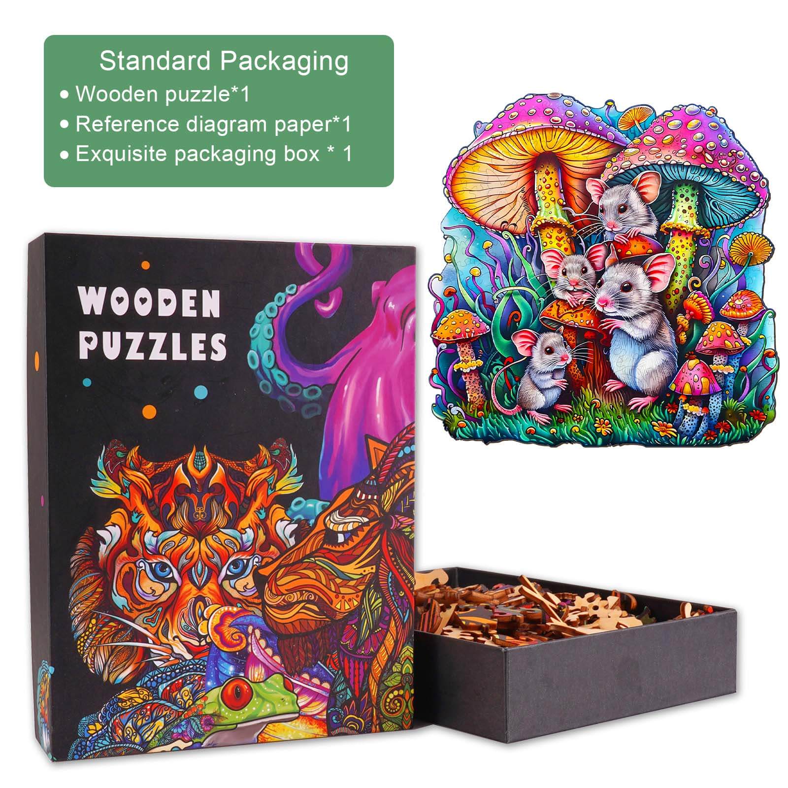 Mouse Family Wooden Jigsaw Puzzle in vibrant packaging with colorful mushrooms and mice characters, perfect for brain stimulation.