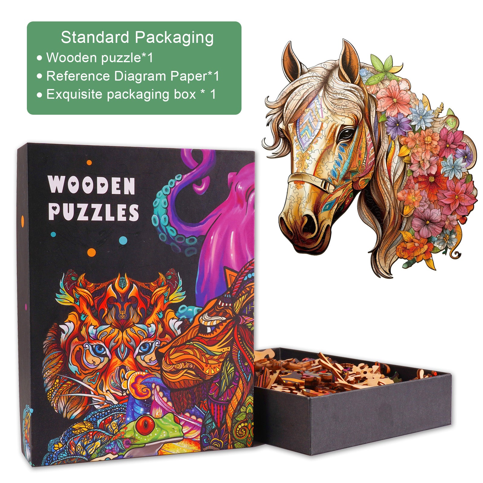 Gentle Horse Wooden Jigsaw Puzzle with vibrant colors, uniquely shaped pieces, and exquisite packaging design.