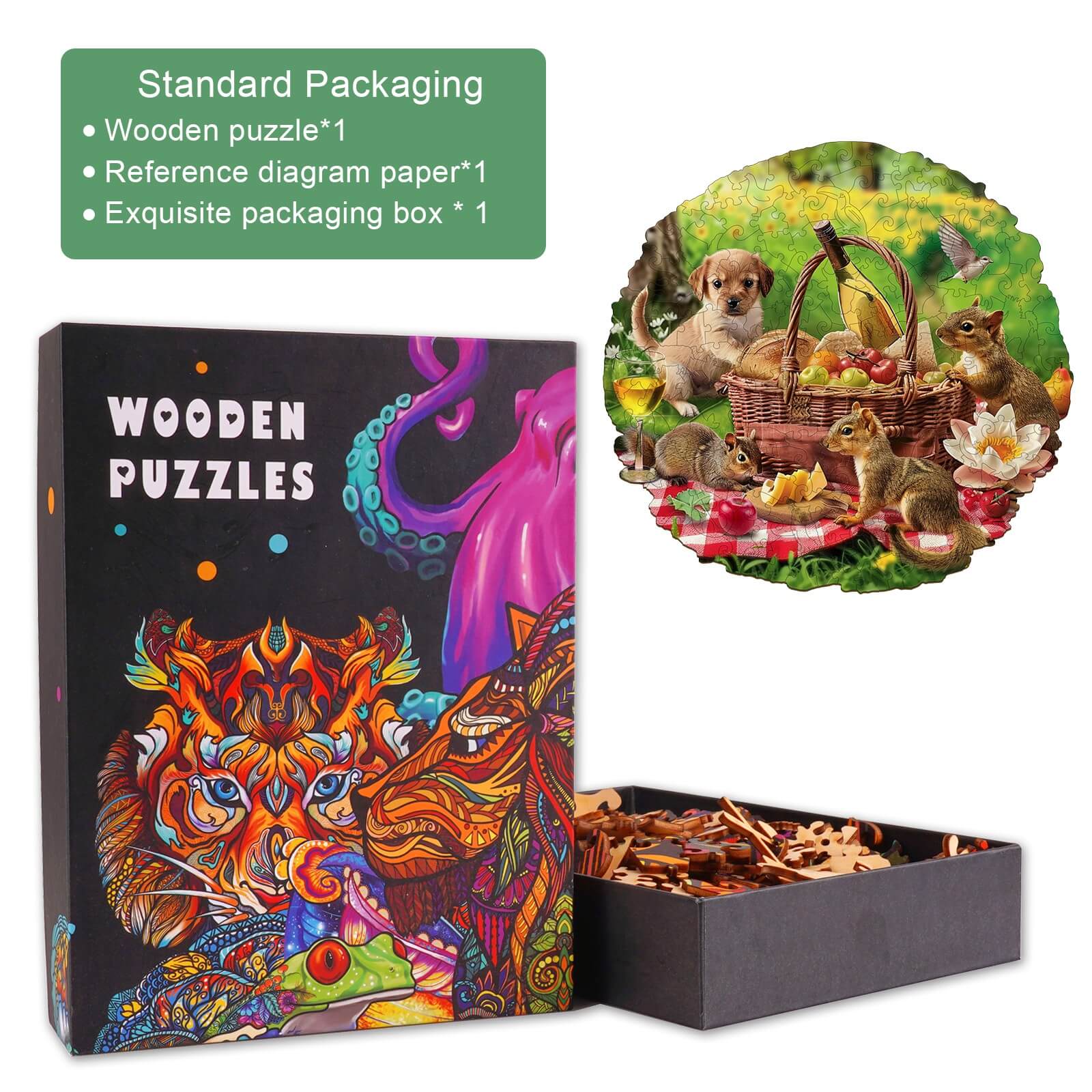 Animal Picnic wooden jigsaw puzzle featuring vibrant artwork and a themed box, perfect for family fun and mind games.