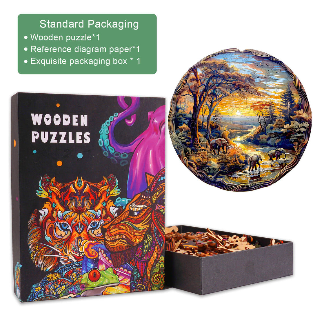 Elephant at Sunset-2 Wooden Jigsaw Puzzle