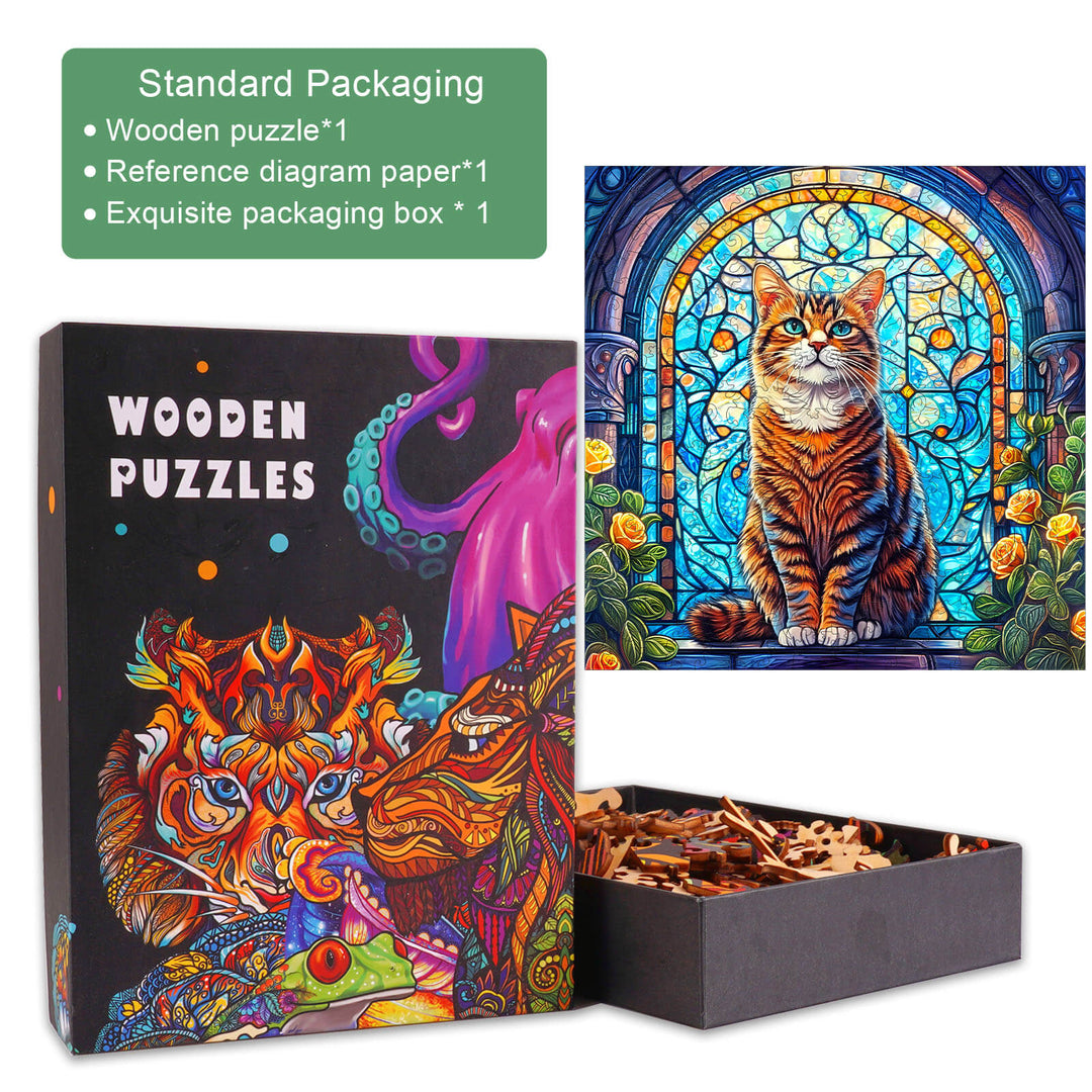 Stained Glass Cat Wooden Jigsaw Puzzle