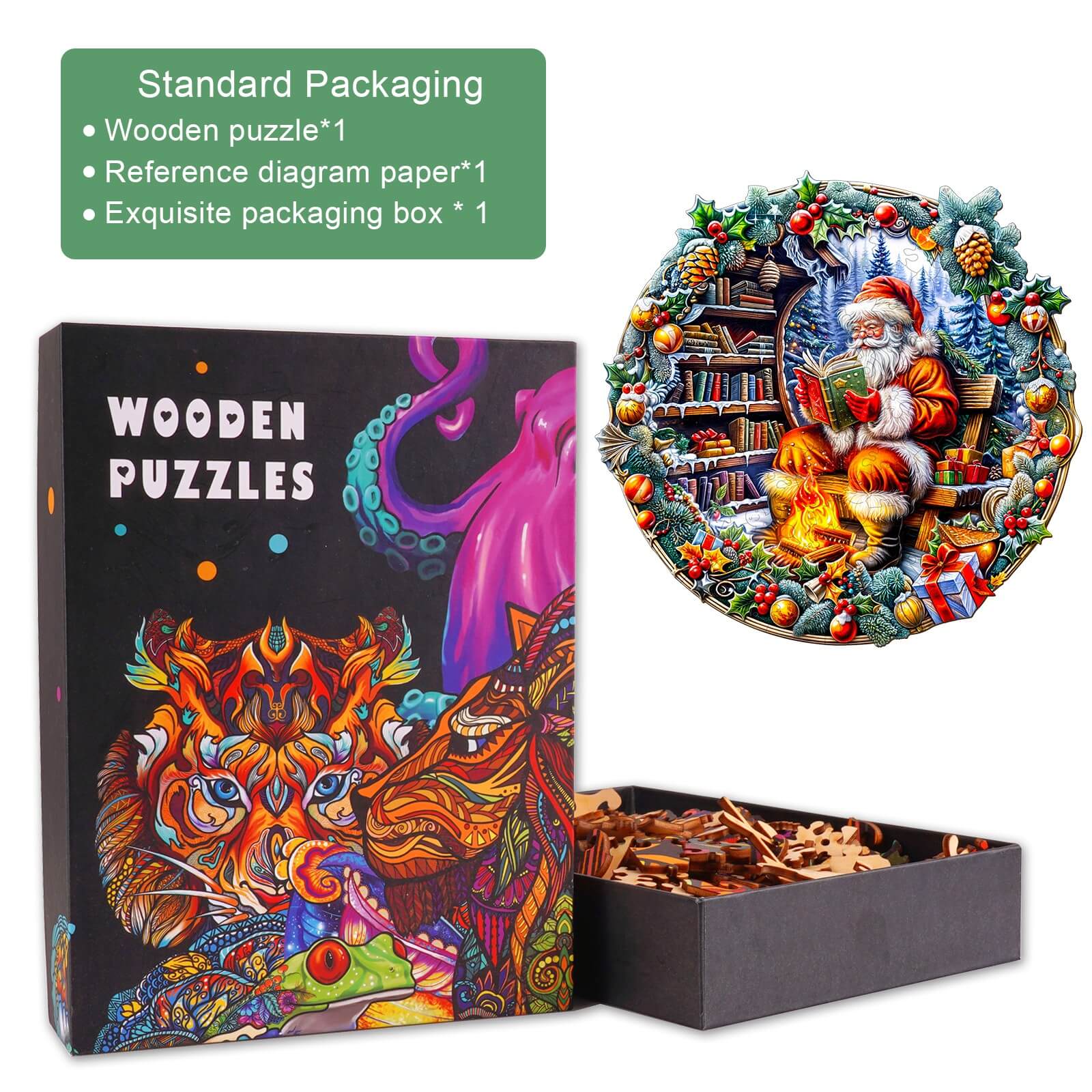 Santa's Rest Wooden Jigsaw Puzzle featuring vibrant artwork, wooden pieces in a decorative box for focused fun.