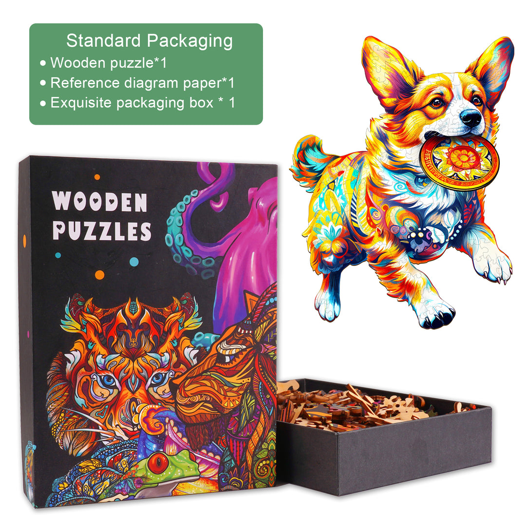 Dog Playing with Toys Wooden Jigsaw Puzzle