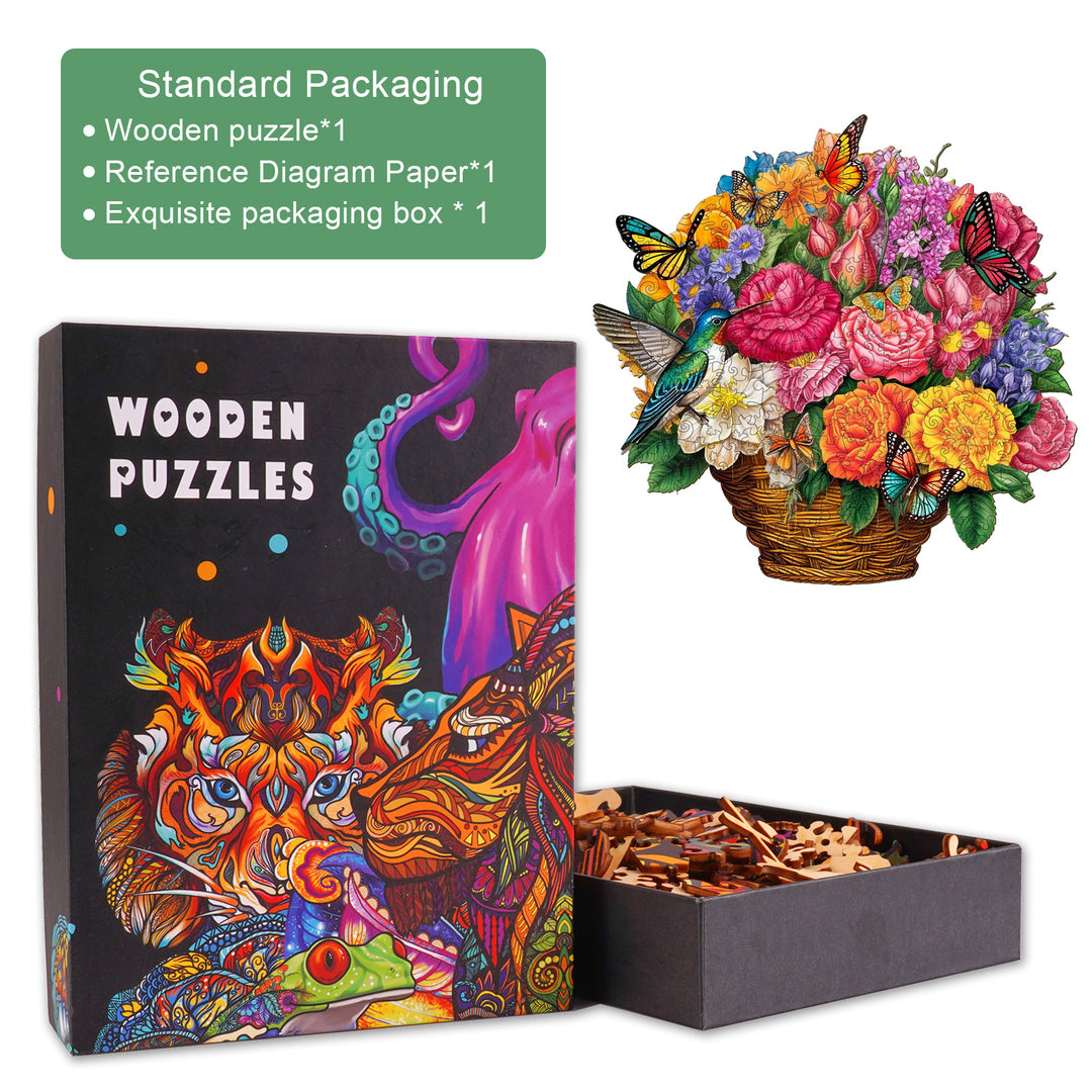 Flower Basket & Hummingbird Wooden Jigsaw Puzzle-Woodbests