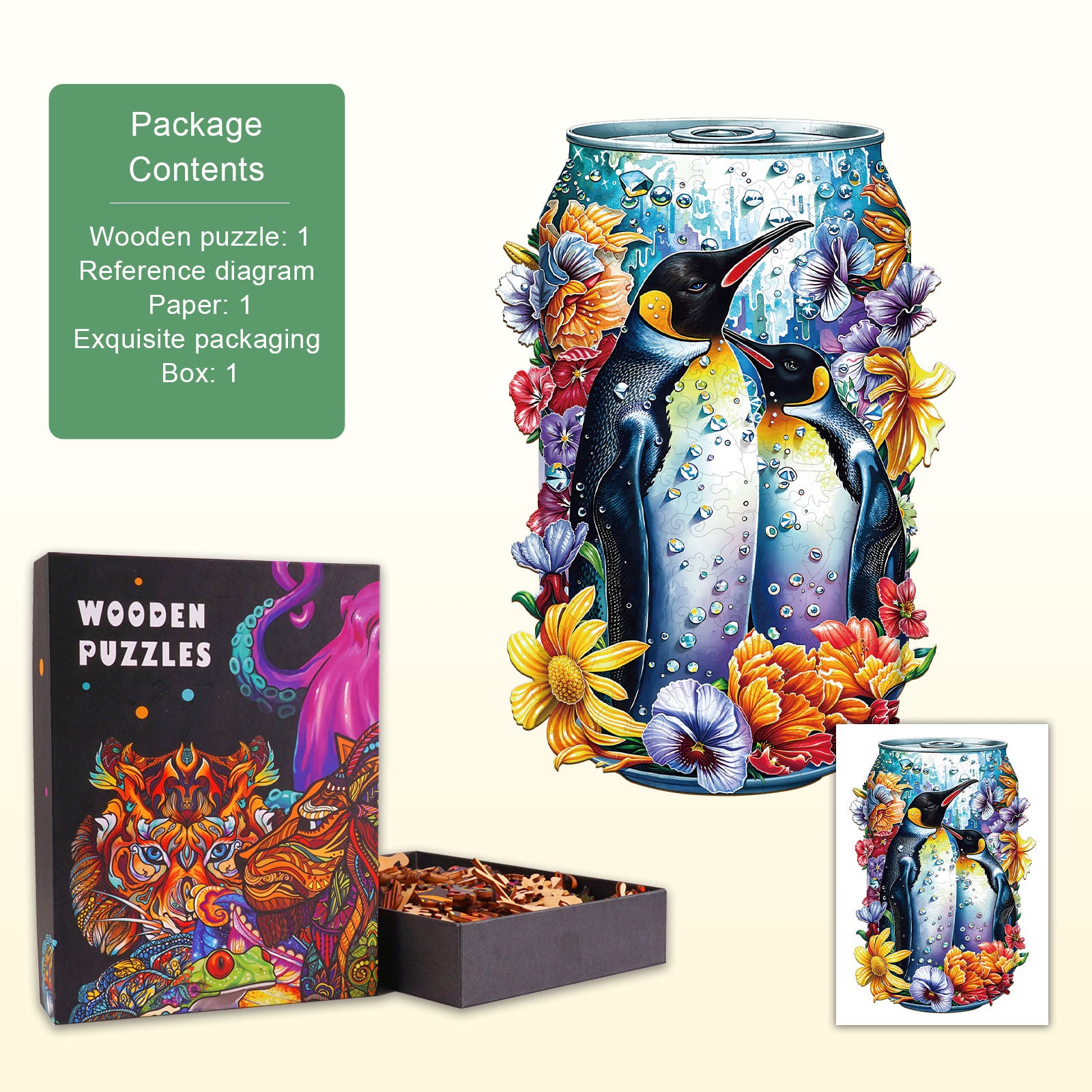 Floral Penguins Wooden Jigsaw Puzzle