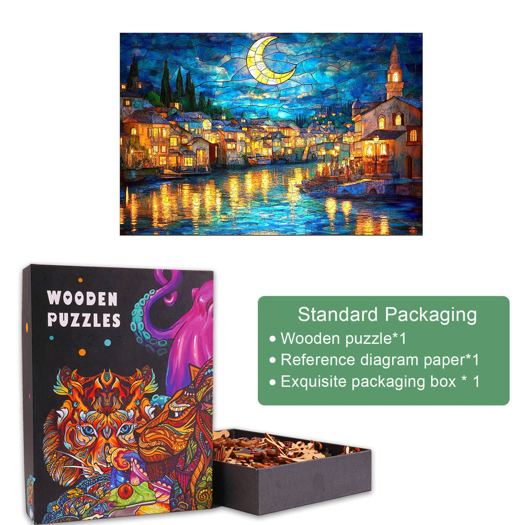 Stained Glass Starry Night-2 Wooden Jigsaw Puzzle