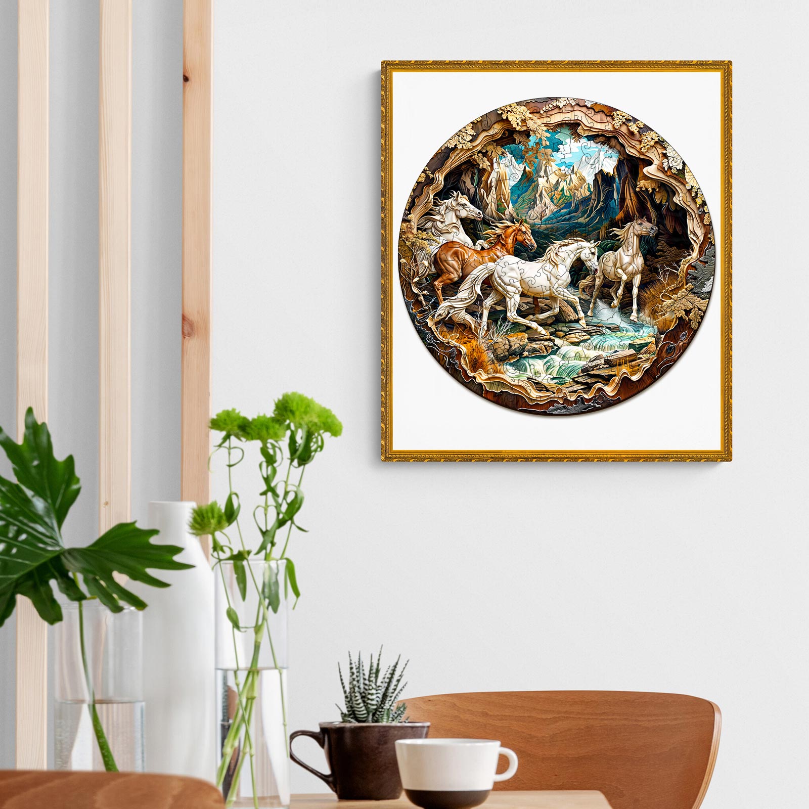 Beautifully framed 3D horse artwork depicting a mystical scene with horses by a river, enhancing home decor.