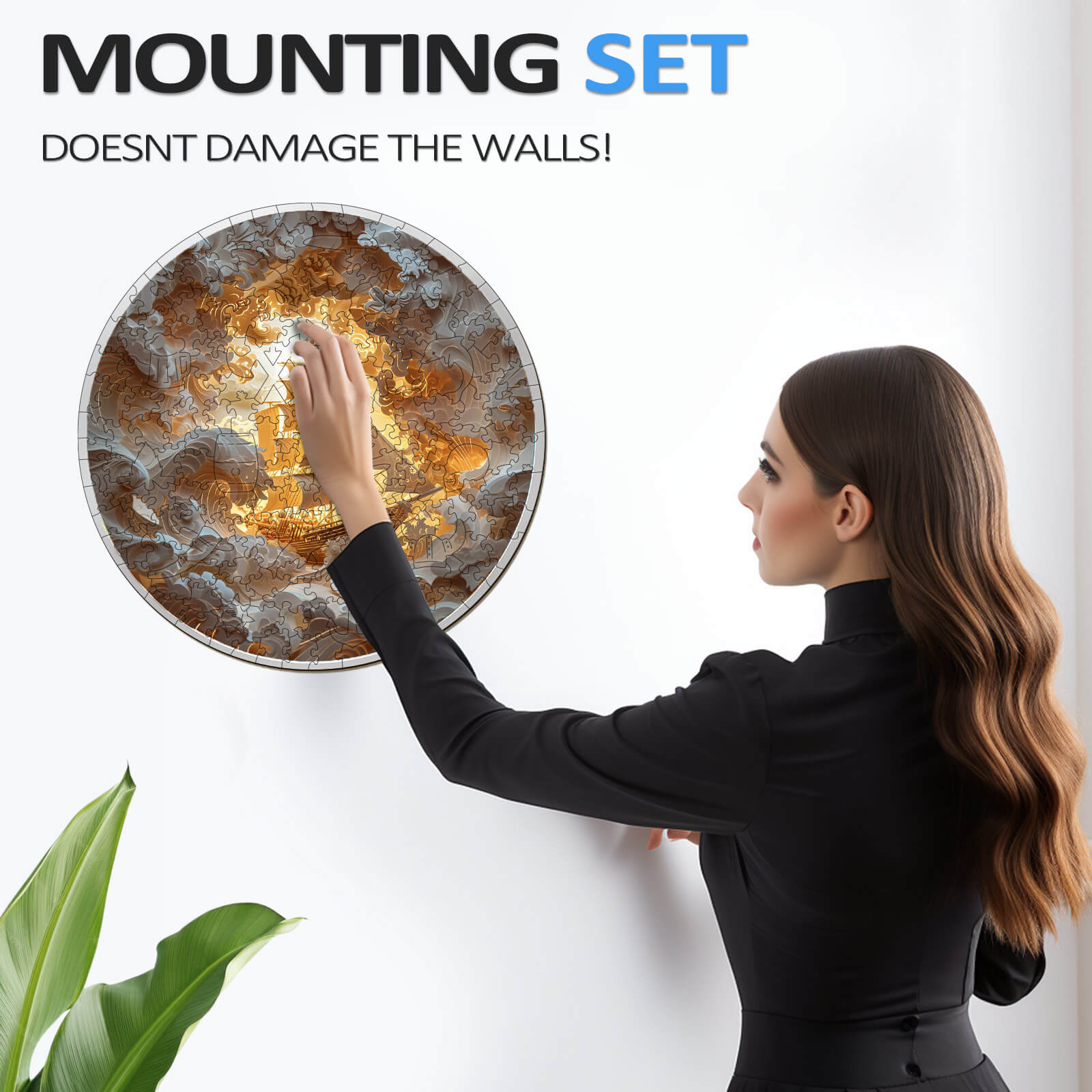 Woman using a mounting set to hang a decorative round wall art, promotes no wall damage.
