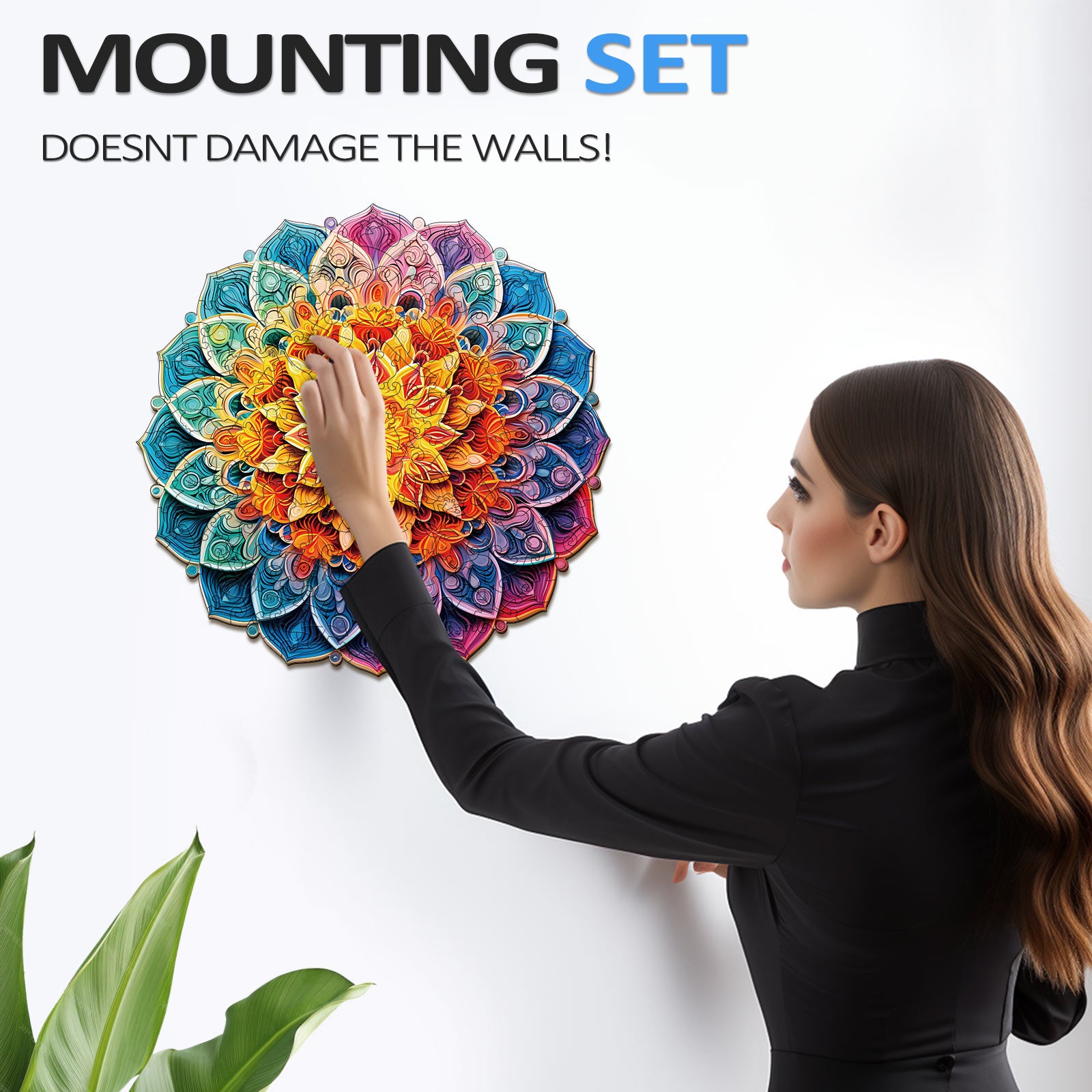 Colorful mandala mirror wooden jigsaw puzzle being mounted, showcasing easy wall installation without damage.