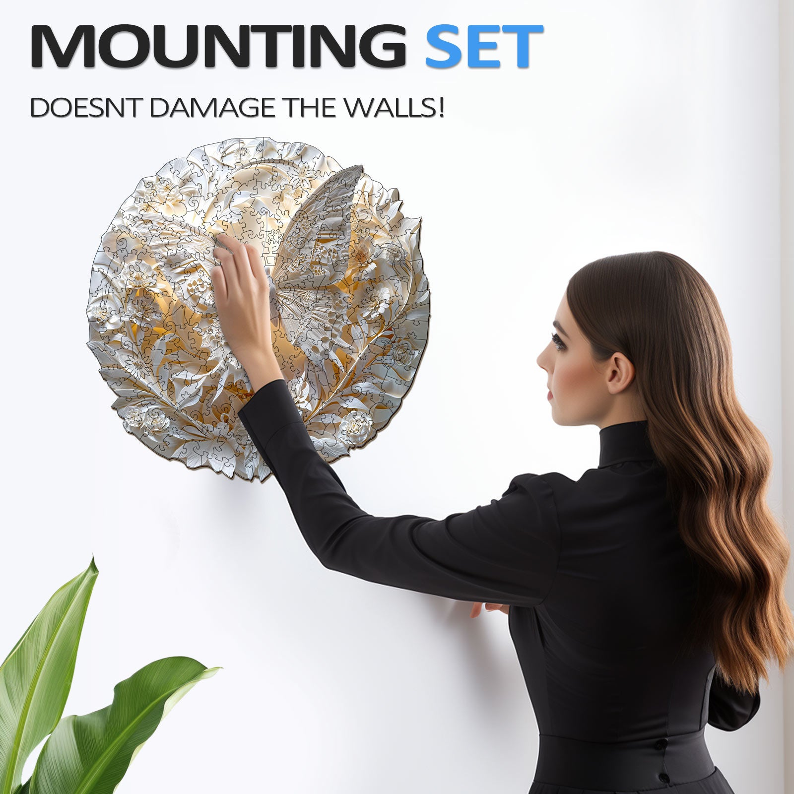 Woman handling 3D Paper Butterfly puzzle with a mounting set, ensuring no wall damage.