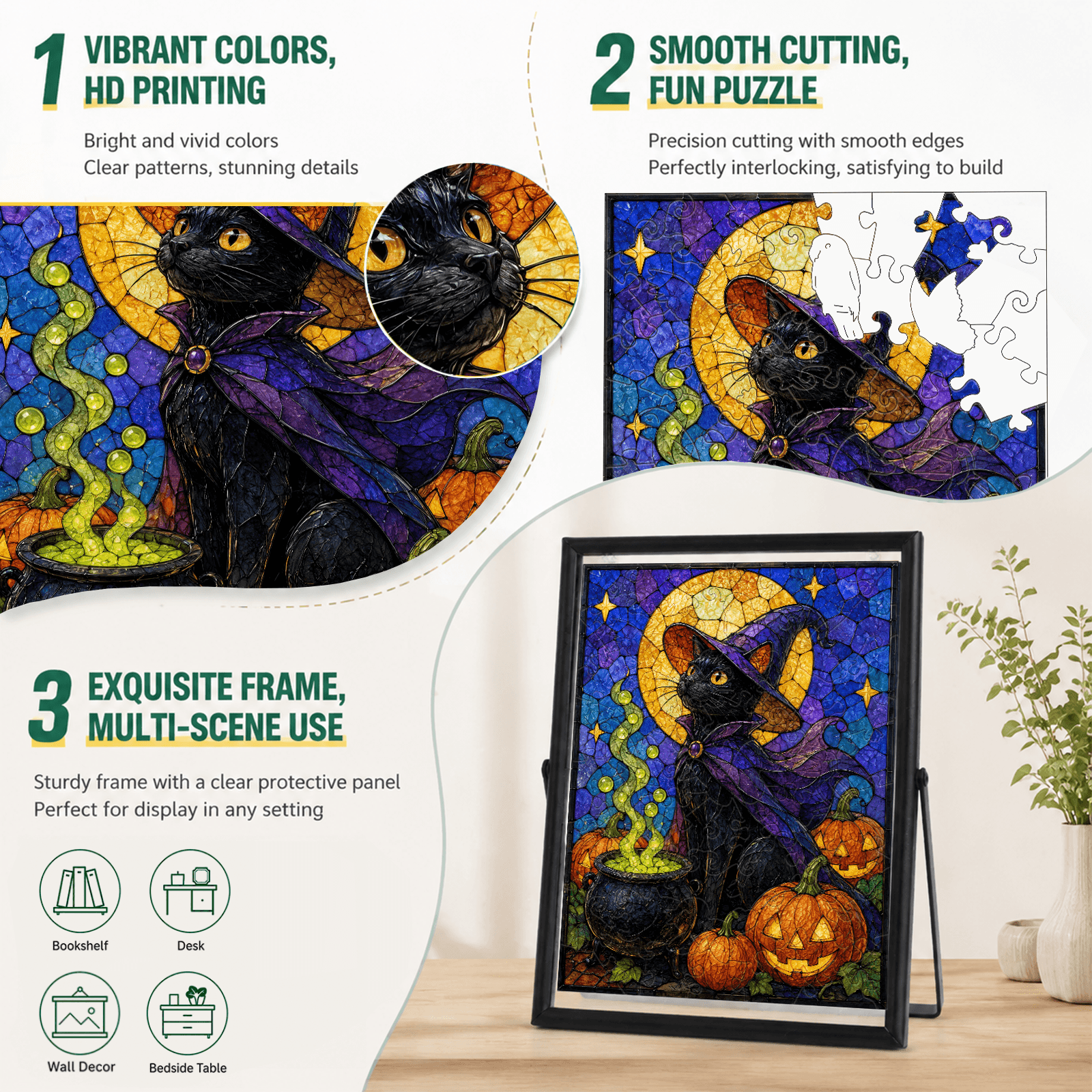 Acrylic Puzzle Art Piece – Halloween Black Cat & Pumpkin
