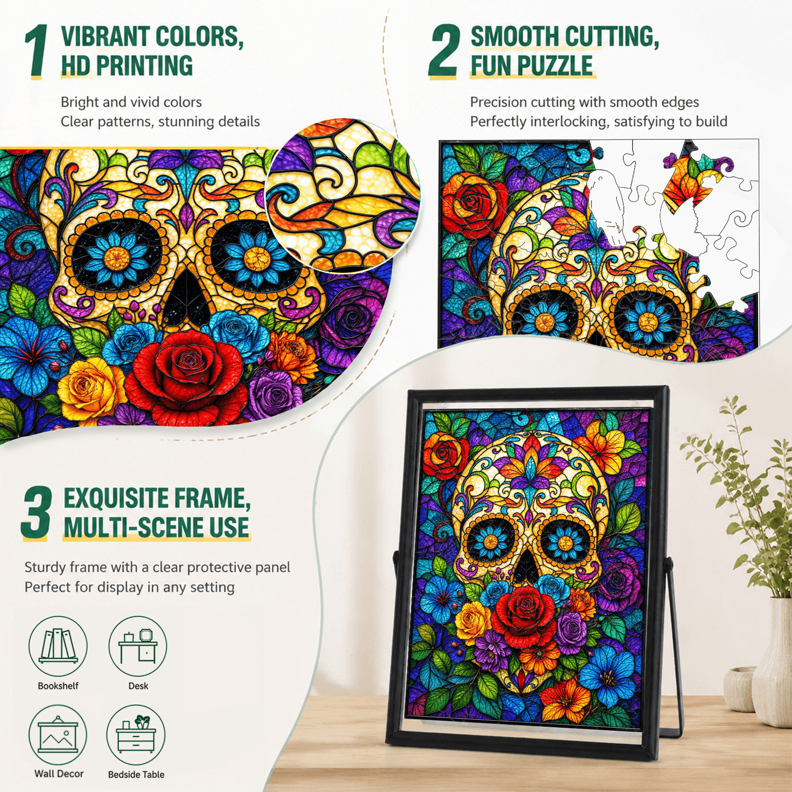 Acrylic Puzzle Art Piece – Colorful Sugar Skull & Floral