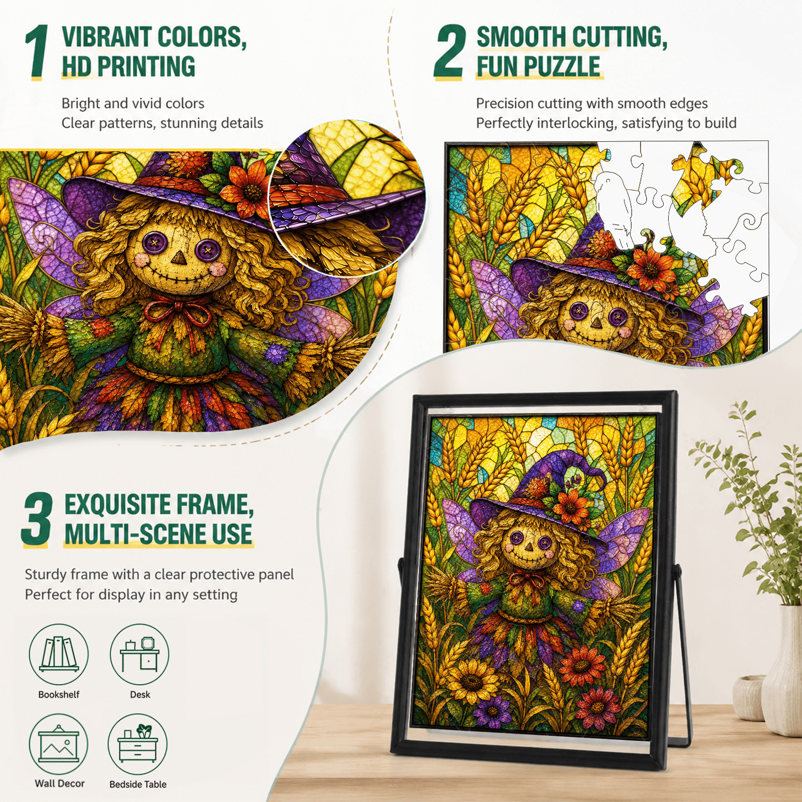 Acrylic Puzzle Art – Whimsical Scarecrow Sunflower Halloween
