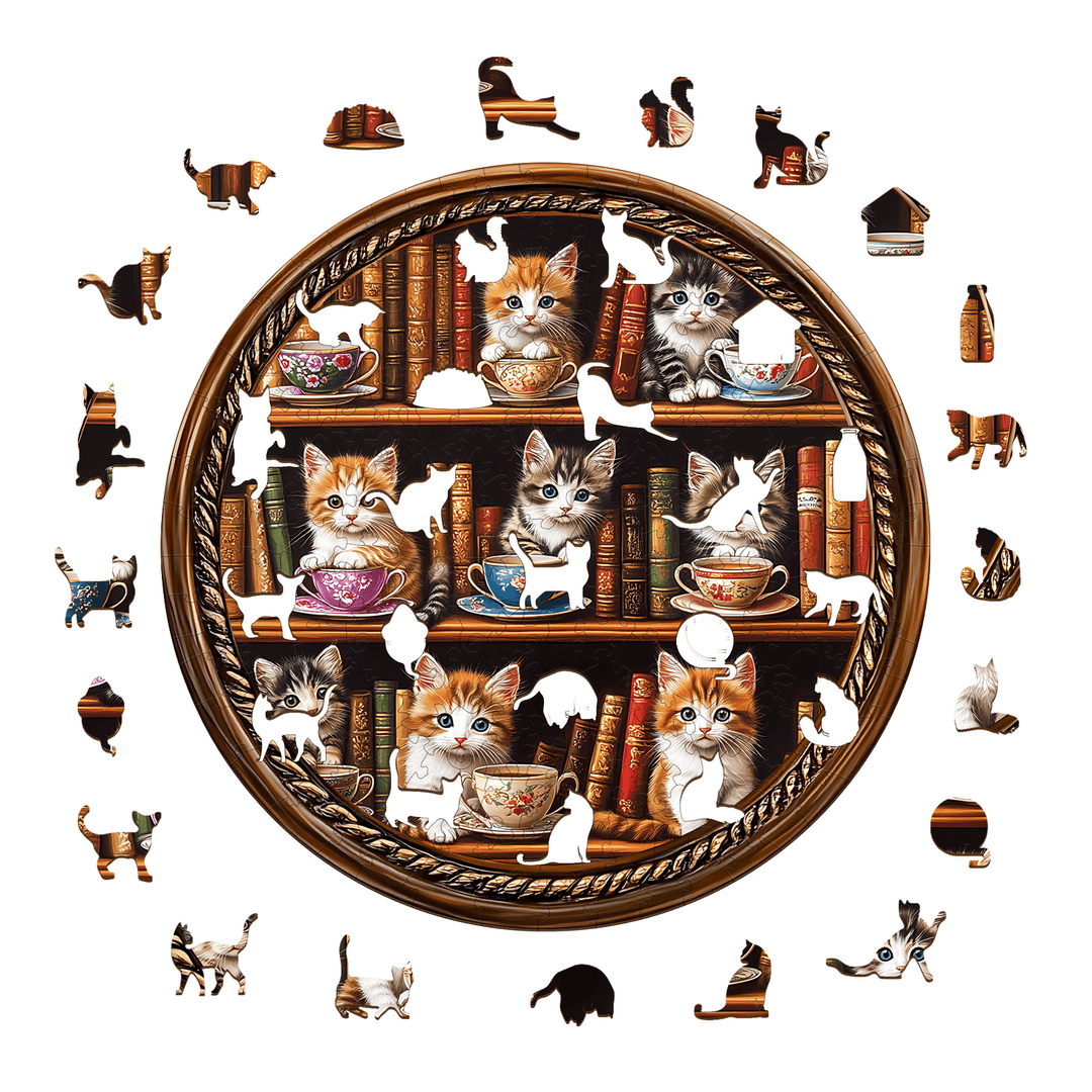 Cat Coffee Library Wooden Jigsaw Puzzle