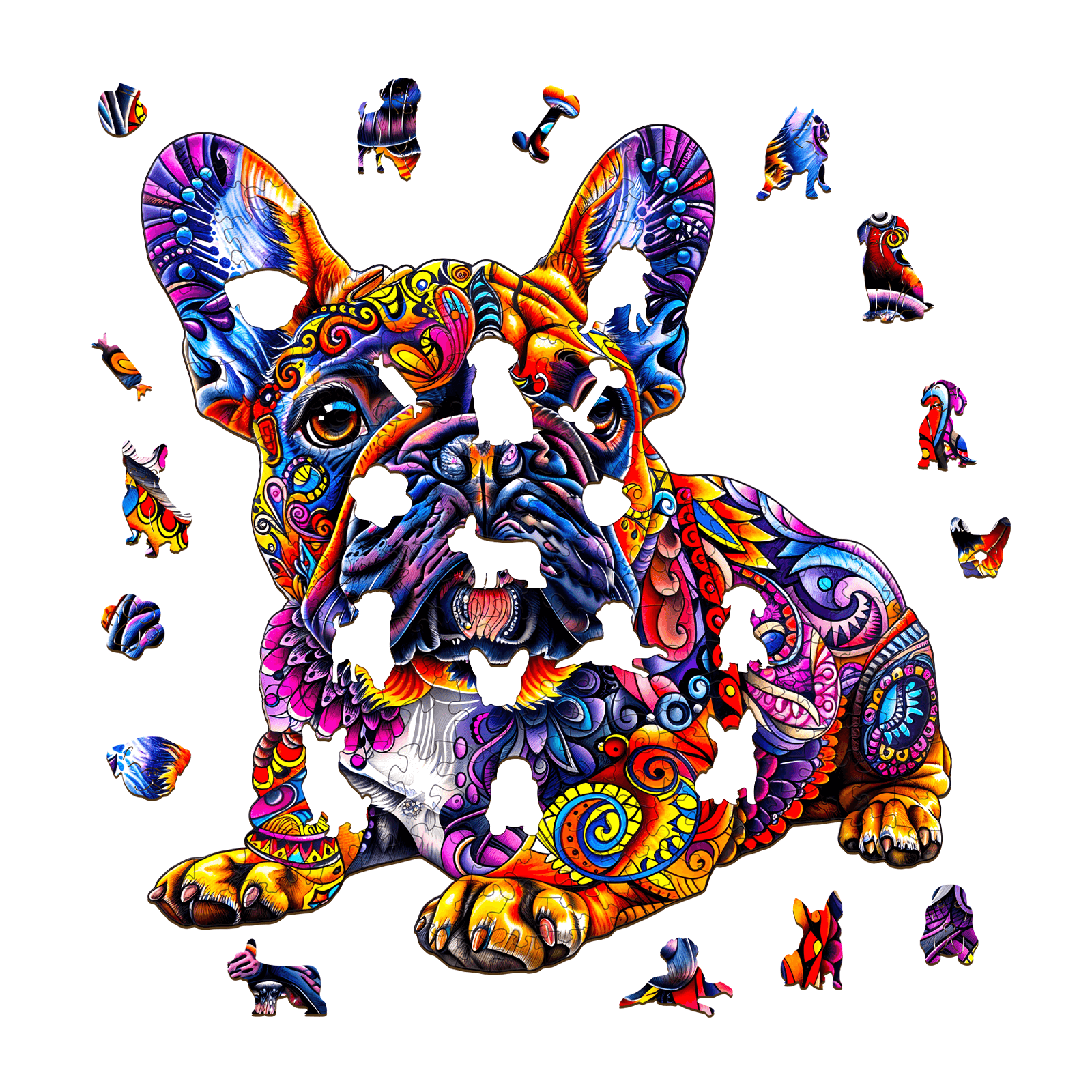 Colorful French Bulldog wooden jigsaw puzzle pieces scattered, showcasing vibrant artwork for puzzle enthusiasts.