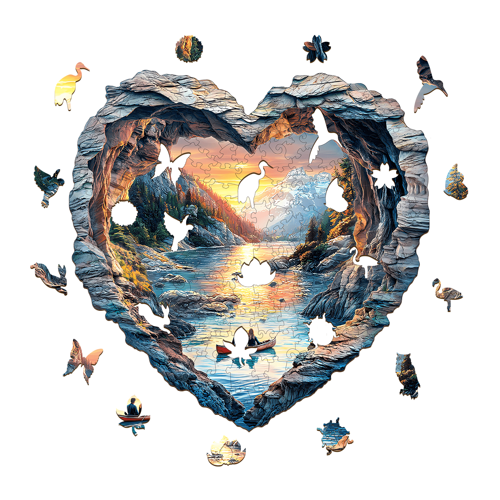3D Lake Louise wooden jigsaw puzzle in heart shape, featuring scenic lake and wildlife images, perfect for mind games.