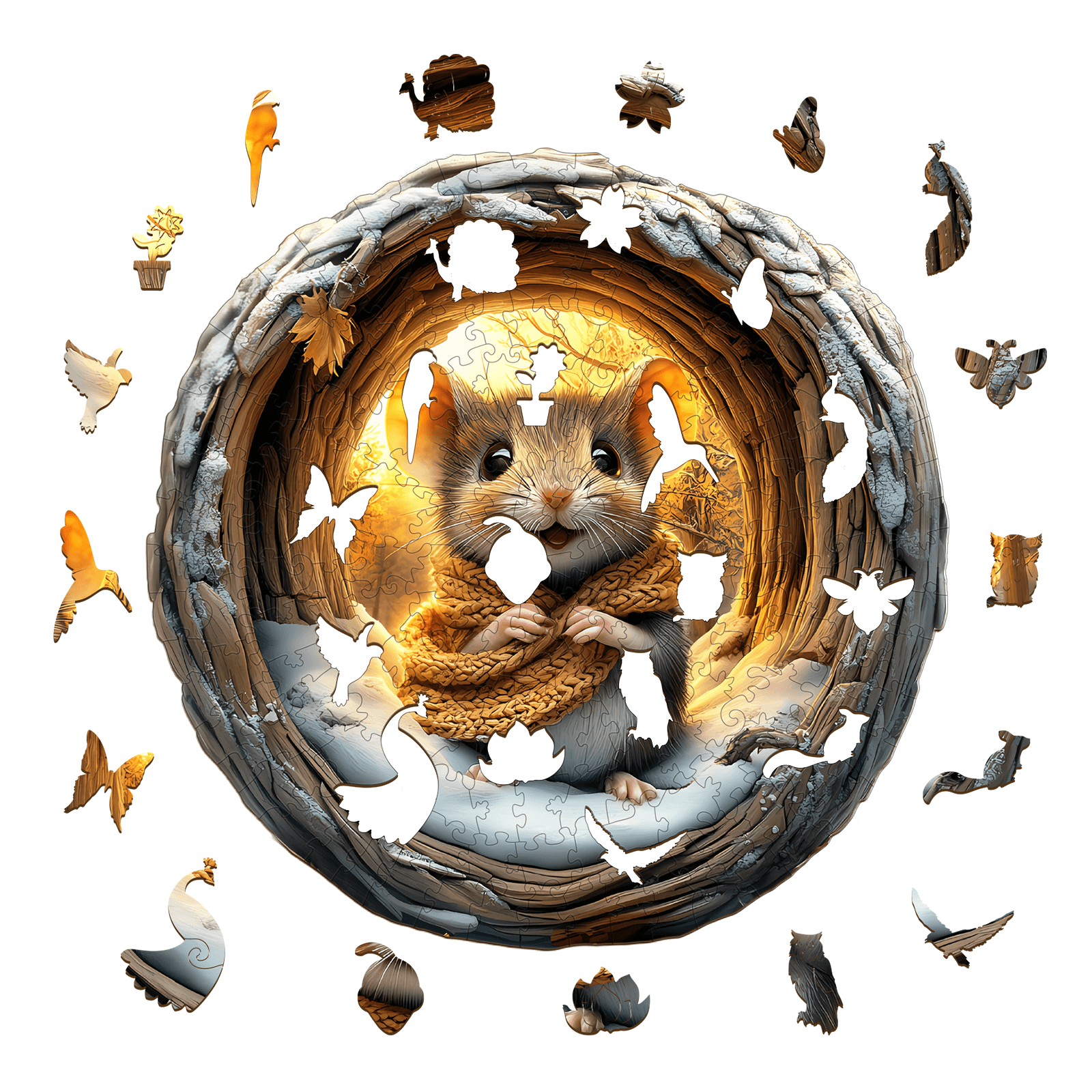 3D Cave Mouse Wooden Jigsaw Puzzle featuring a mouse in a cozy nest surrounded by colorful pieces, perfect for mind games and focus.