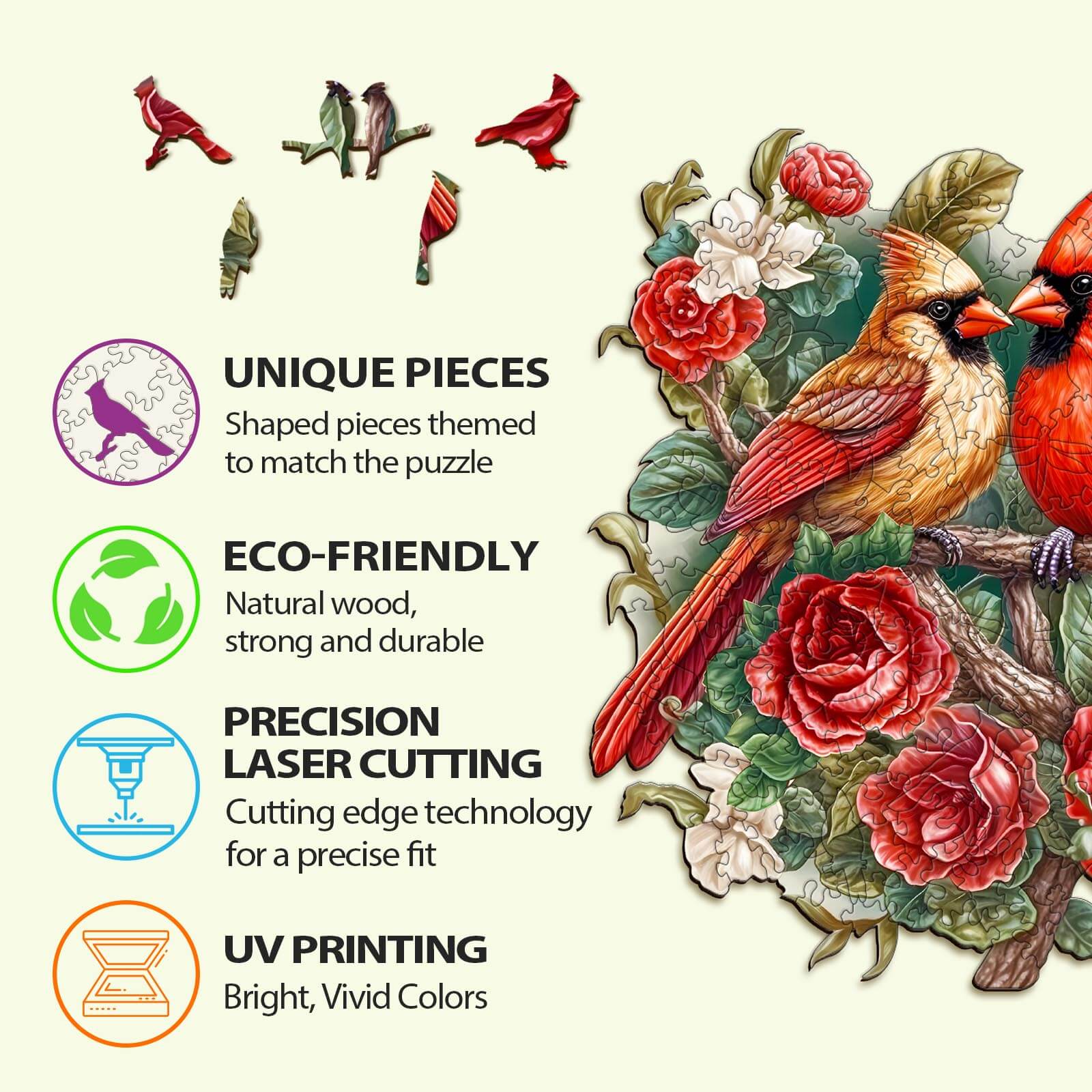 Beautiful Cardinal wooden jigsaw puzzle with unique, eco-friendly pieces and vibrant colors, showcasing laser-cut precision.