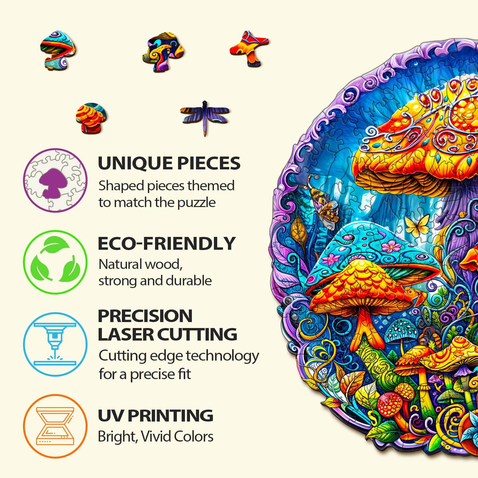 Detailed features of the Magical Mushrooms Wooden Jigsaw Puzzle: unique pieces, eco-friendly, precision laser cutting, UV printing.