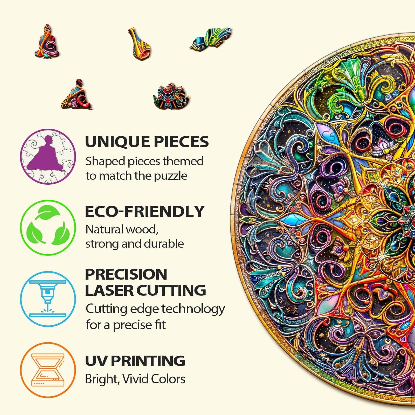Mandala Dreamland puzzle features unique eco-friendly pieces, precision laser cutting, and vibrant UV printing for enhanced gameplay.
