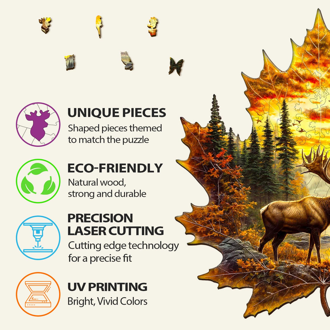 Elk and maple leaves Wooden Jigsaw Puzzle