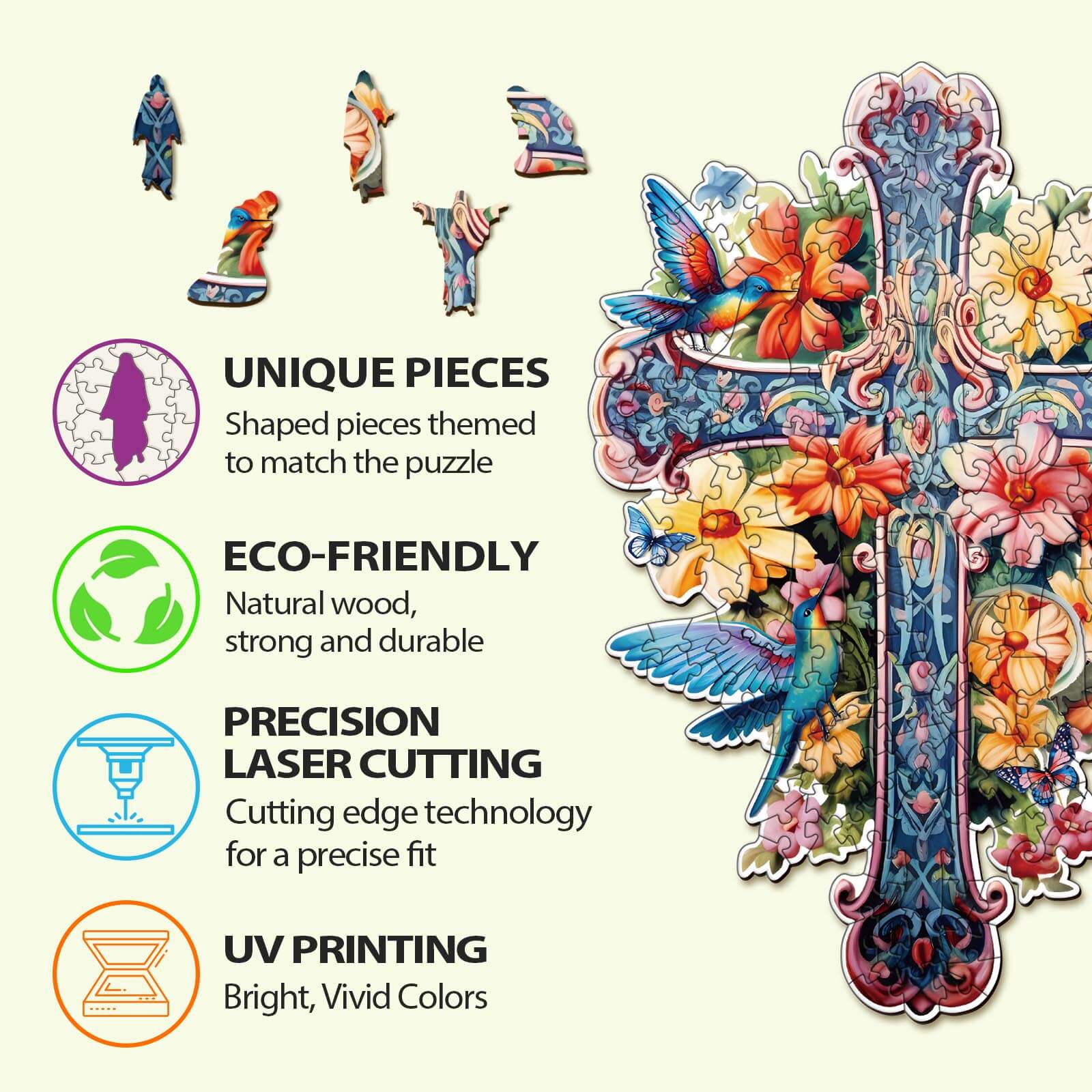 Blessing Cross-1 Wooden Jigsaw Puzzle showcasing unique, eco-friendly pieces with vibrant colors and precision laser cutting.