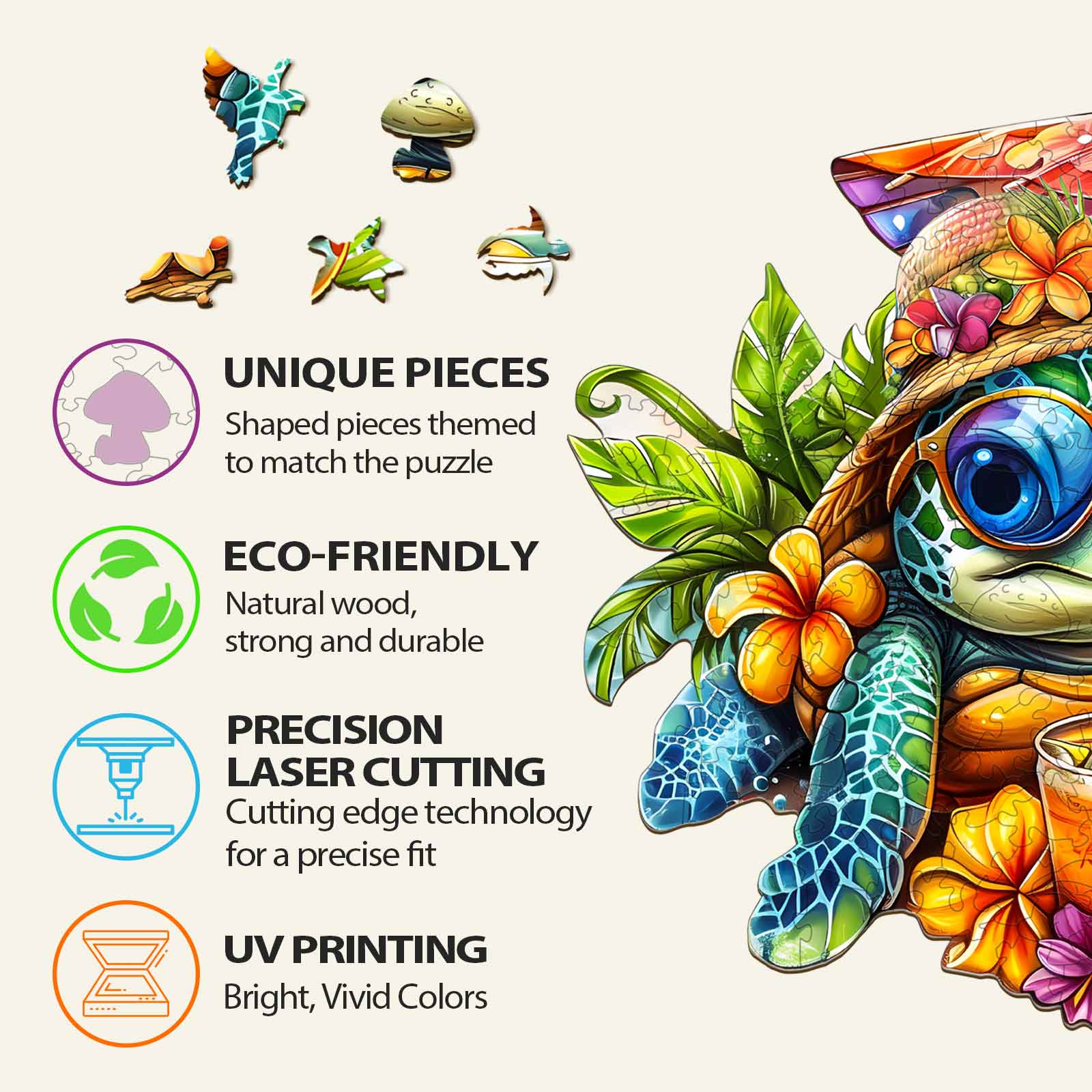 Infographic showcasing unique pieces, eco-friendly materials, precision laser cutting, and UV printing for Beach Turtle Wooden Jigsaw Puzzle.