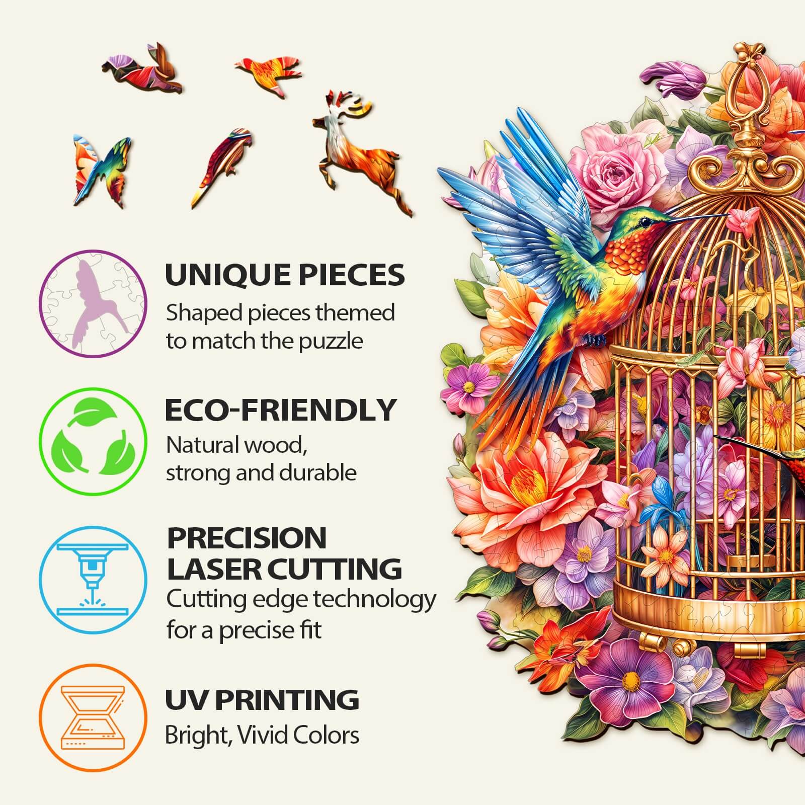 Close-up of Garden Symphony Wooden Jigsaw Puzzle features: unique pieces, eco-friendly wood, precision laser cutting, and UV printing.