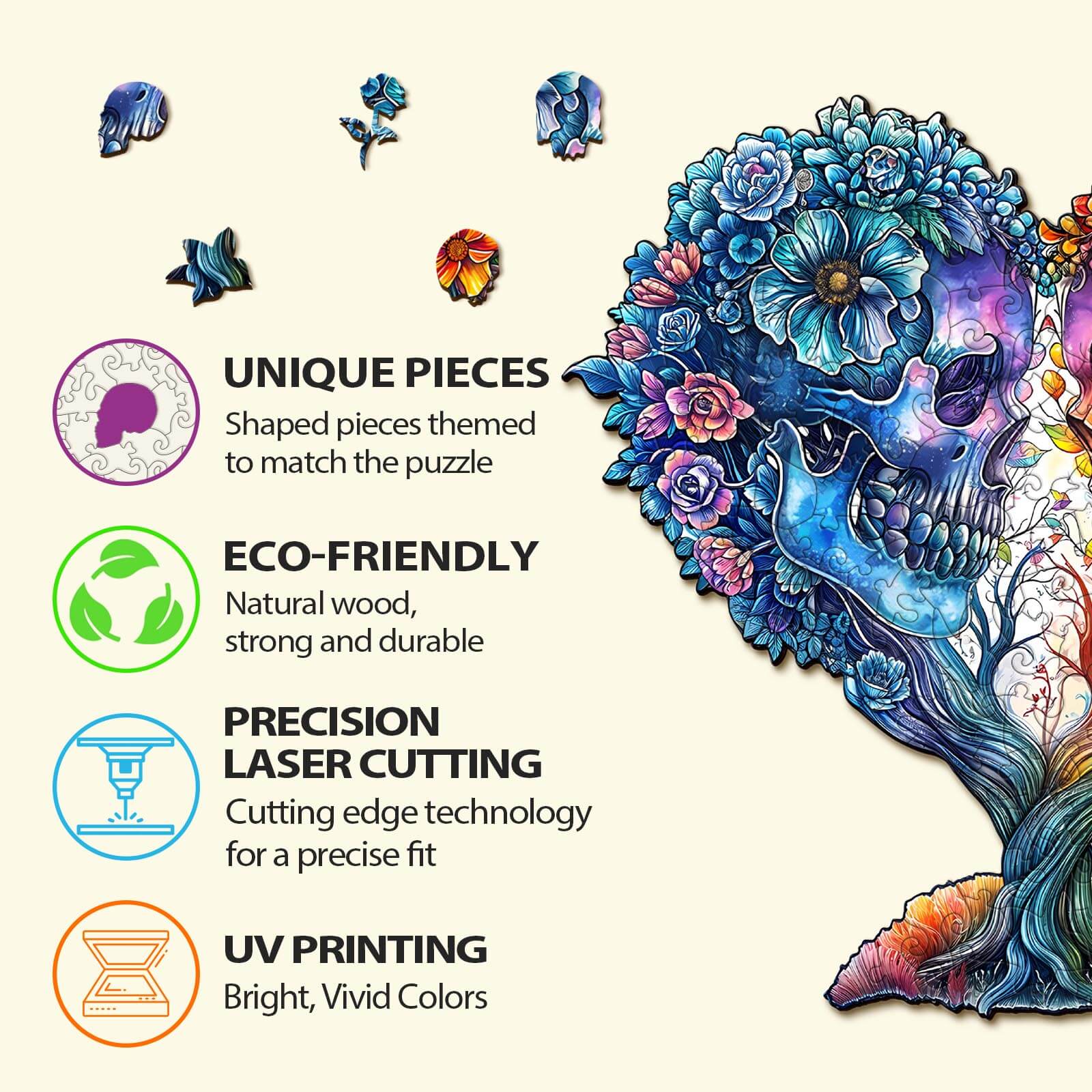 Colorful Skull and Love puzzle features unique, eco-friendly pieces with precise laser cutting and UV printing for vivid colors.