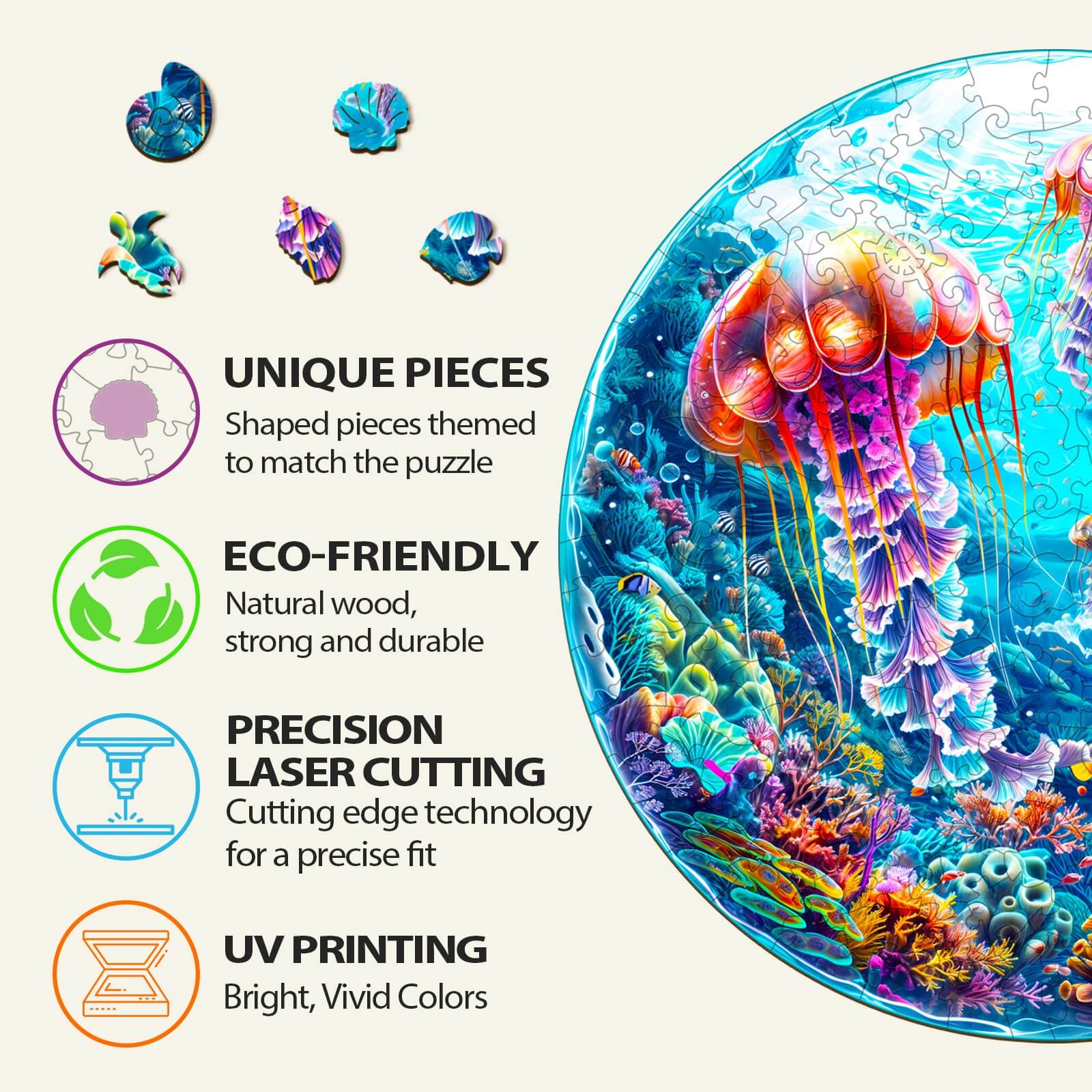 Spherical Ocean Wooden Jigsaw Puzzle showcasing unique pieces, eco-friendly materials, precision laser cutting, and UV printing.