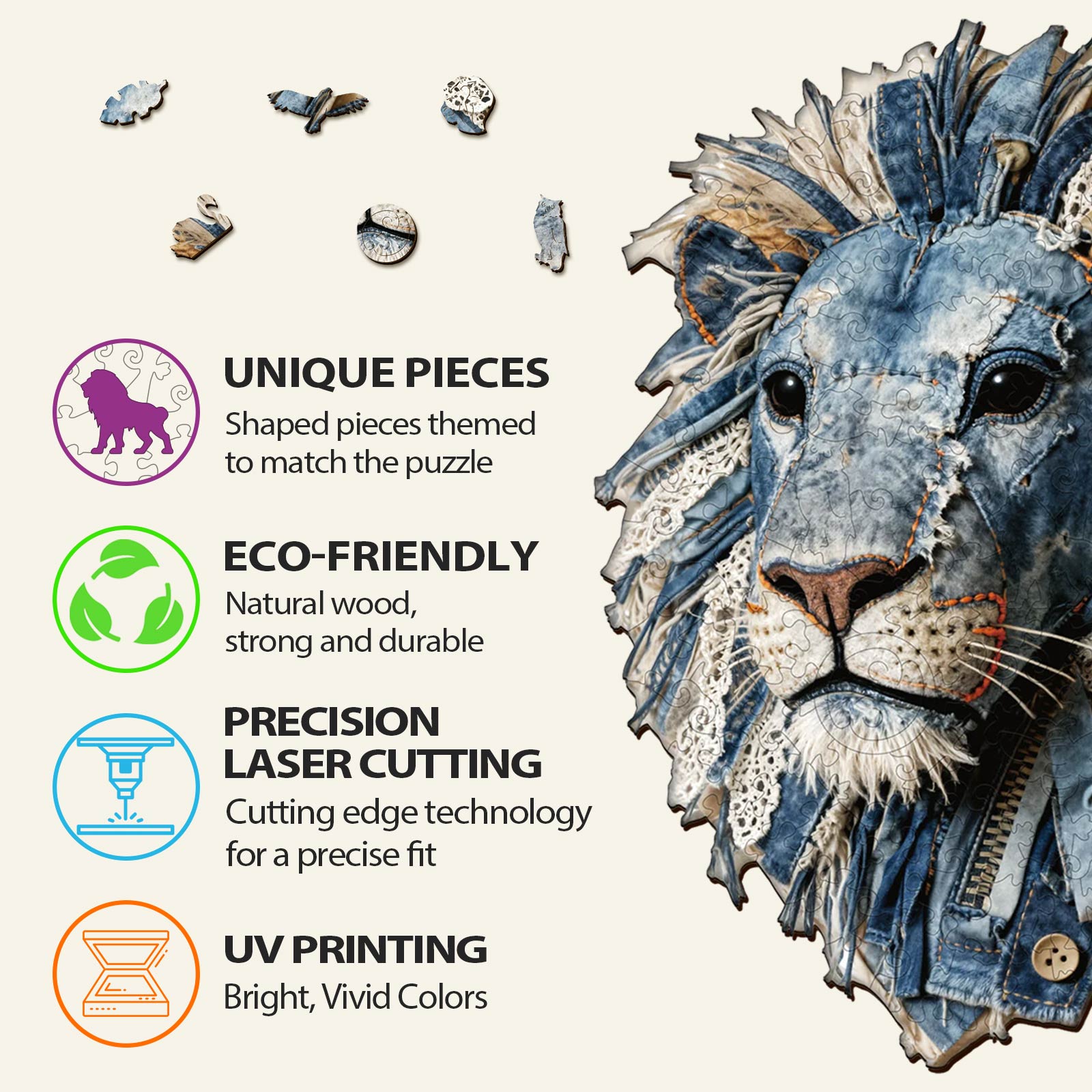 Denim Fabric Lion Wooden Jigsaw Puzzle
