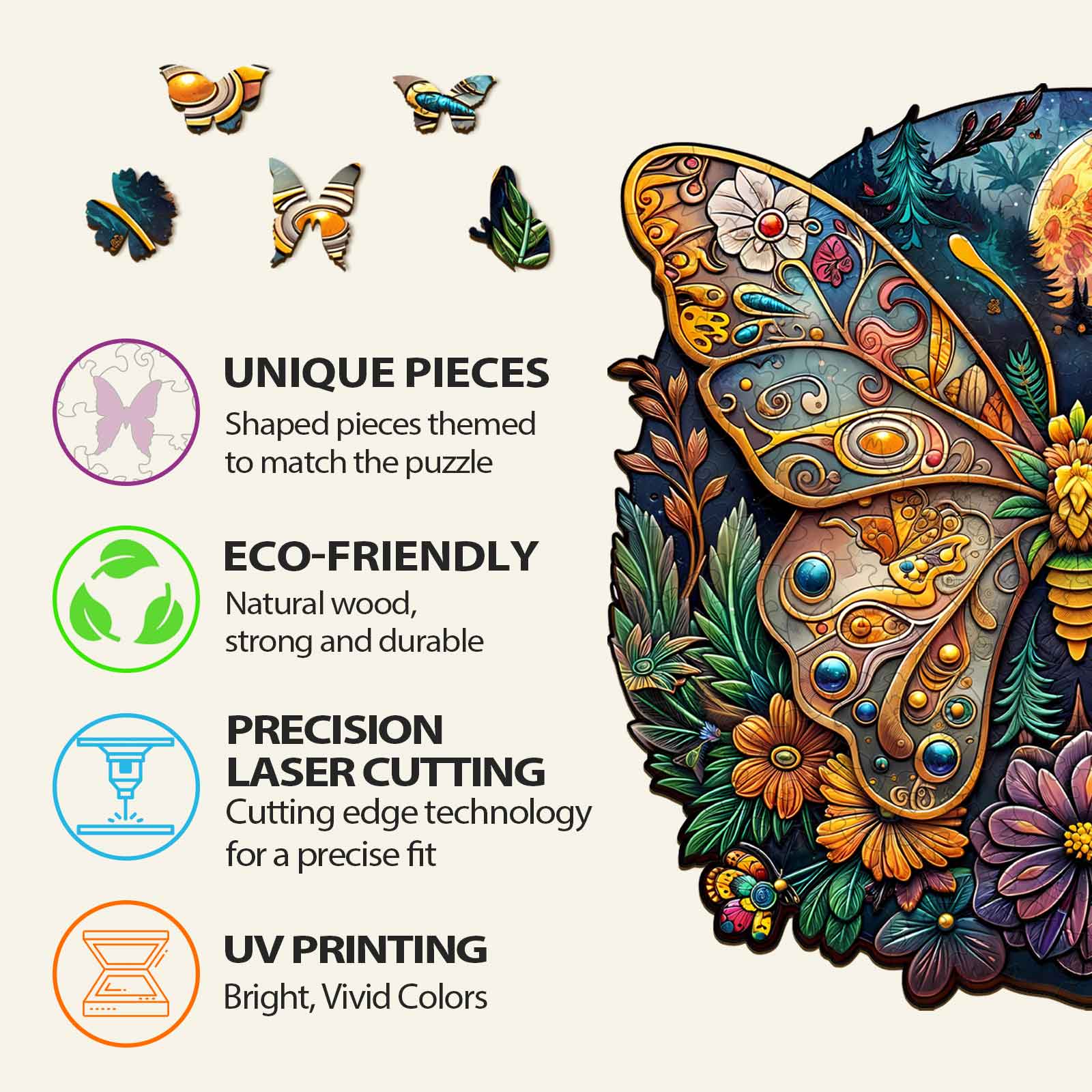 Ancient Butterfly-1 wooden jigsaw puzzle features unique eco-friendly pieces with precision laser cutting and UV printing.
