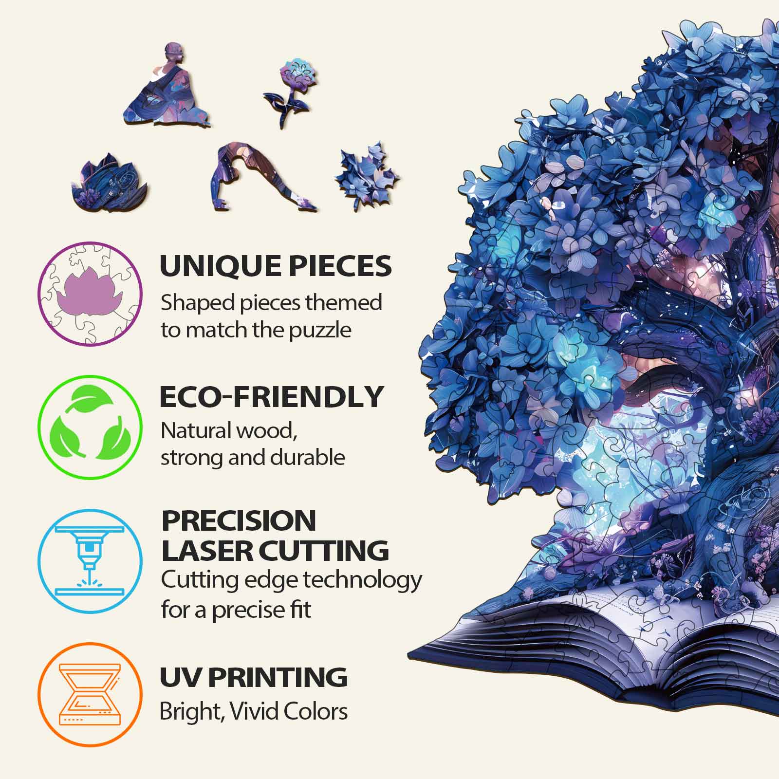 Magic Book Wooden Jigsaw Puzzle features eco-friendly wood, unique pieces, laser cutting, and vivid UV printing for focused play.
