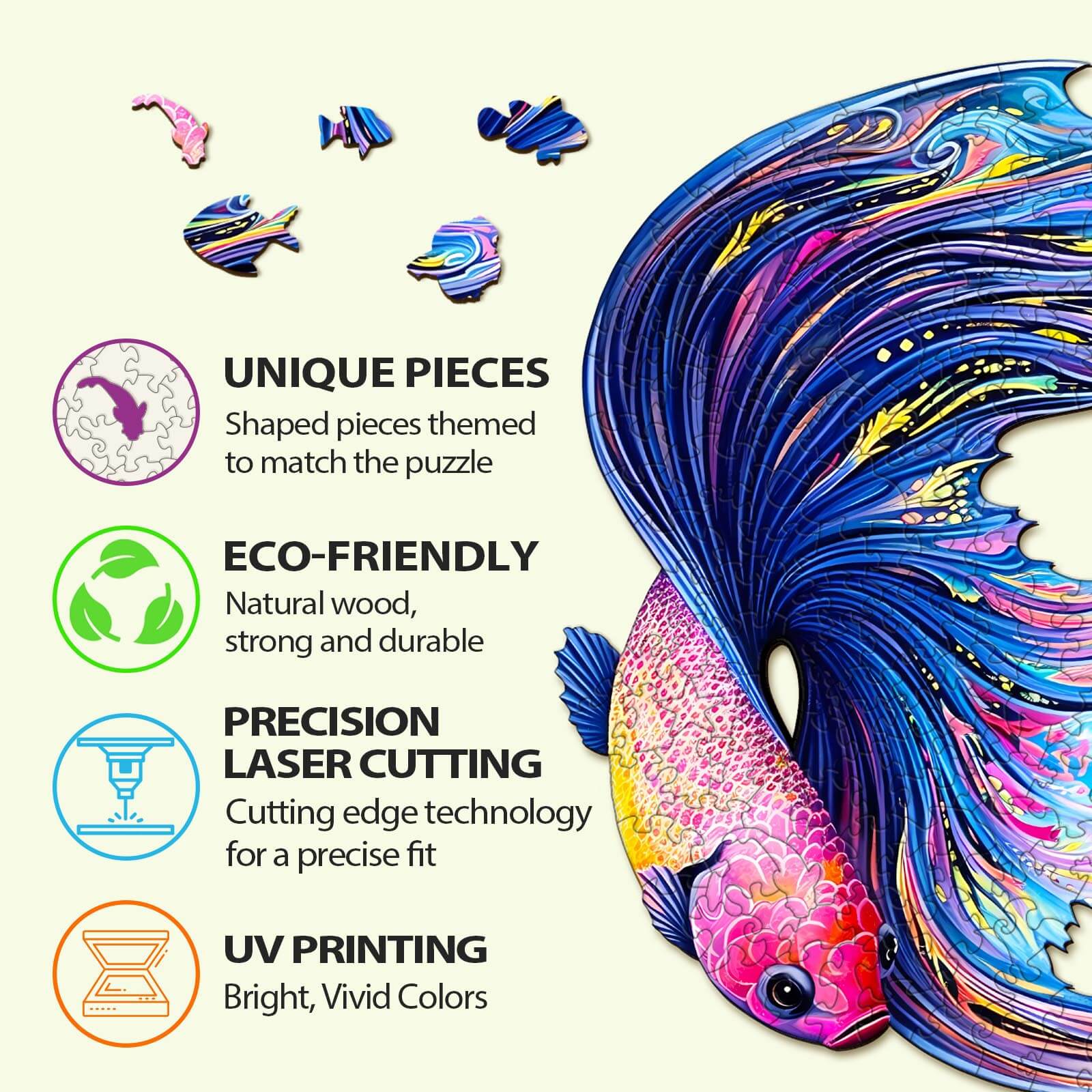 Colorful half moon betta fish wooden jigsaw puzzle pieces showcasing unique designs, eco-friendly materials and precision craftsmanship.
